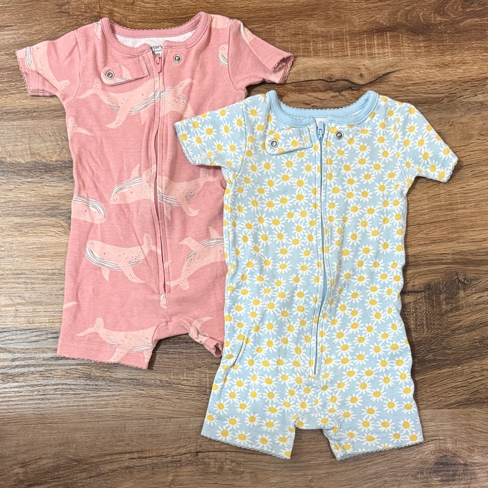Carter's Baby Girls Printed One Piece Cotton Pajamas 12 Months- Set of 2
